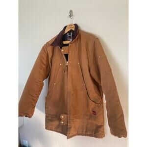 Tough Duck Hooded Canvas Work Coat XLT 37” Brown Quilted Lined YKK Barn Jacket